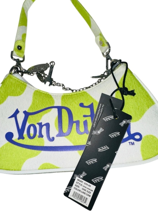 Von Dutch Vegan Pony Hair Lime Green Cow Shoulder Hand Bag with Purple Logo - Picture 12 of 14